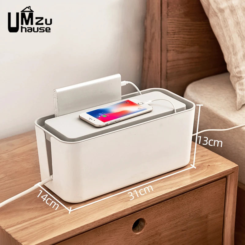 Power Strip Organizer Cable Management Box Multi Socket Desk Bins Hidden Cord Case Home Office Storage with Phone Charging Slot