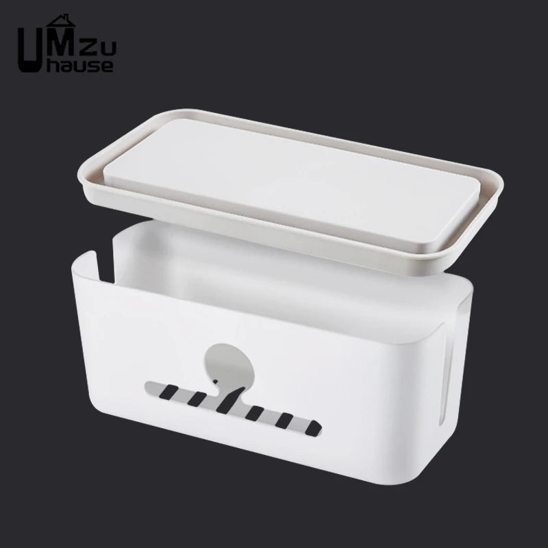 Power Strip Organizer Cable Management Box Multi Socket Desk Bins Hidden Cord Case Home Office Storage with Phone Charging Slot