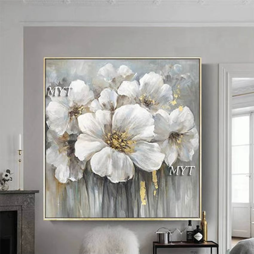 Fancy Home Decor Hot Sale Home Decor Flower Pictures Pieces White Flower Wall Art Oil Paintings Unframed