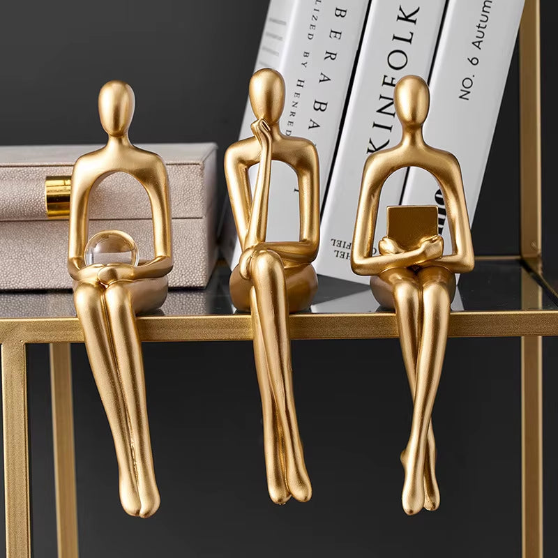 Gold Home Decor Thinker Statues Bookshelf Sculpture Decorations for Living Room Modern Figurines Shelf Table Desk Decor