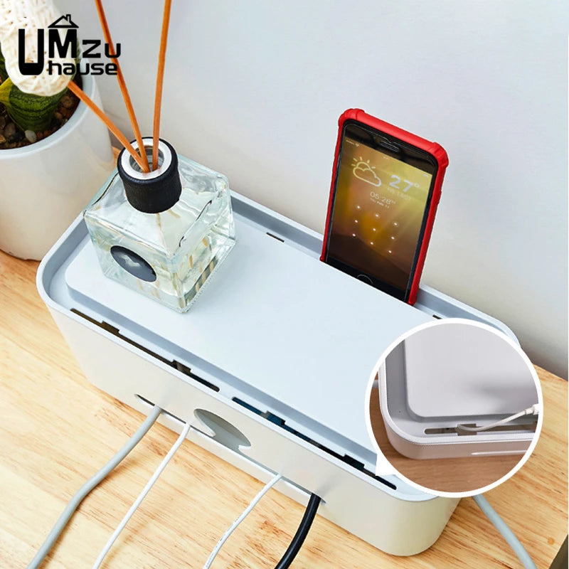 Power Strip Organizer Cable Management Box Multi Socket Desk Bins Hidden Cord Case Home Office Storage with Phone Charging Slot