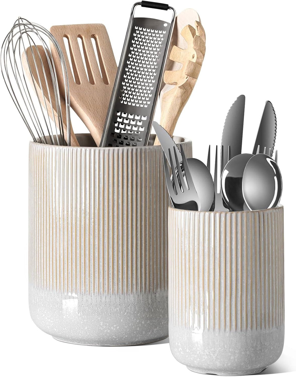 Utensil Holder, Set of 2, 7.3"+5.4" Ceramic Kitchen Utensil Holder for Counter, Large Cooking Utensil Crocks for Kitchen Decor, Morden Utensil Organizer for Spatula, White