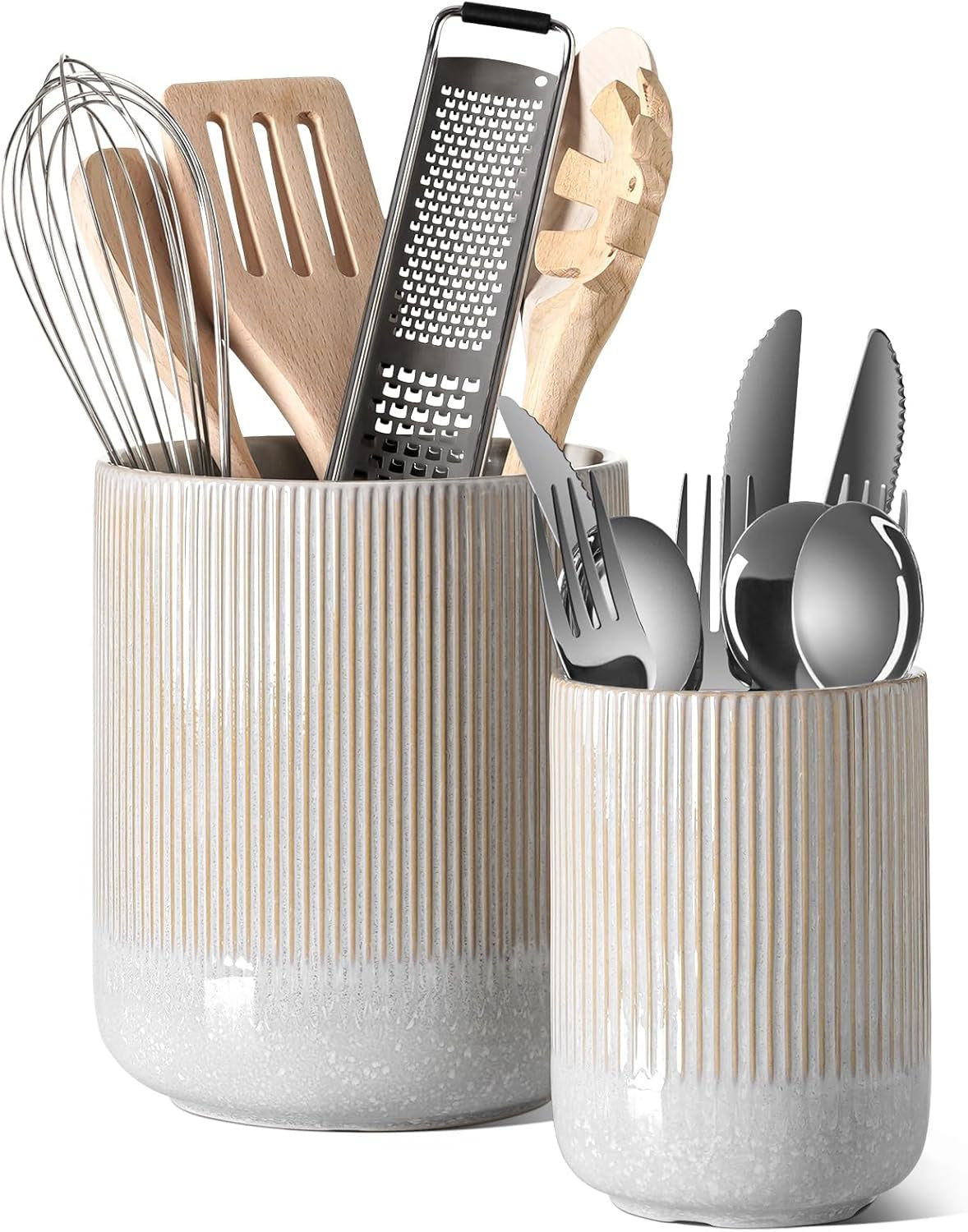 Utensil Holder, Set of 2, 7.3"+5.4" Ceramic Kitchen Utensil Holder for Counter, Large Cooking Utensil Crocks for Kitchen Decor, Morden Utensil Organizer for Spatula, White