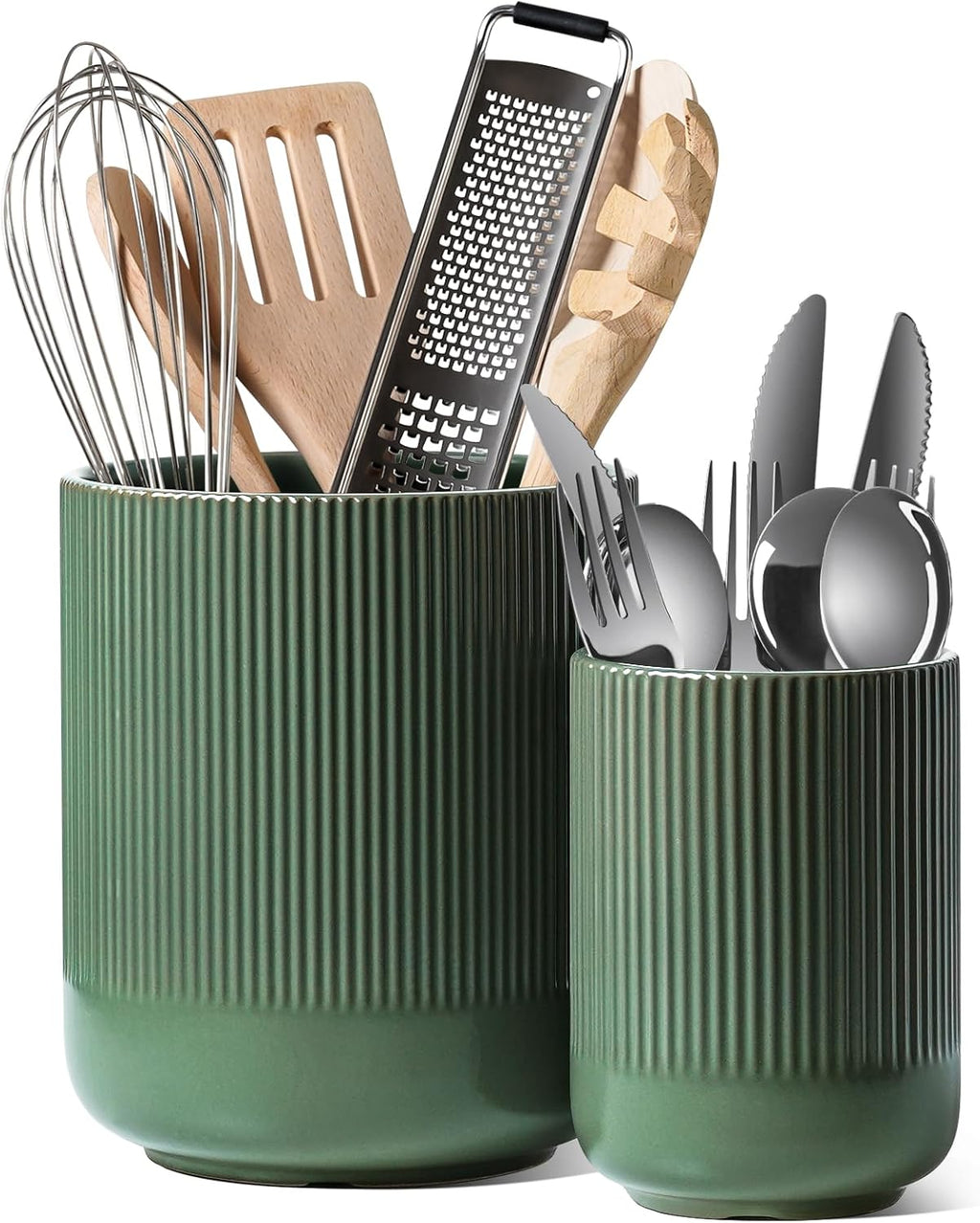 Utensil Holder, Set of 2, 7.3"+5.4" Ceramic Kitchen Utensil Holder for Counter, Large Cooking Utensil Crocks for Kitchen Decor, Morden Utensil Organizer for Spatula, White