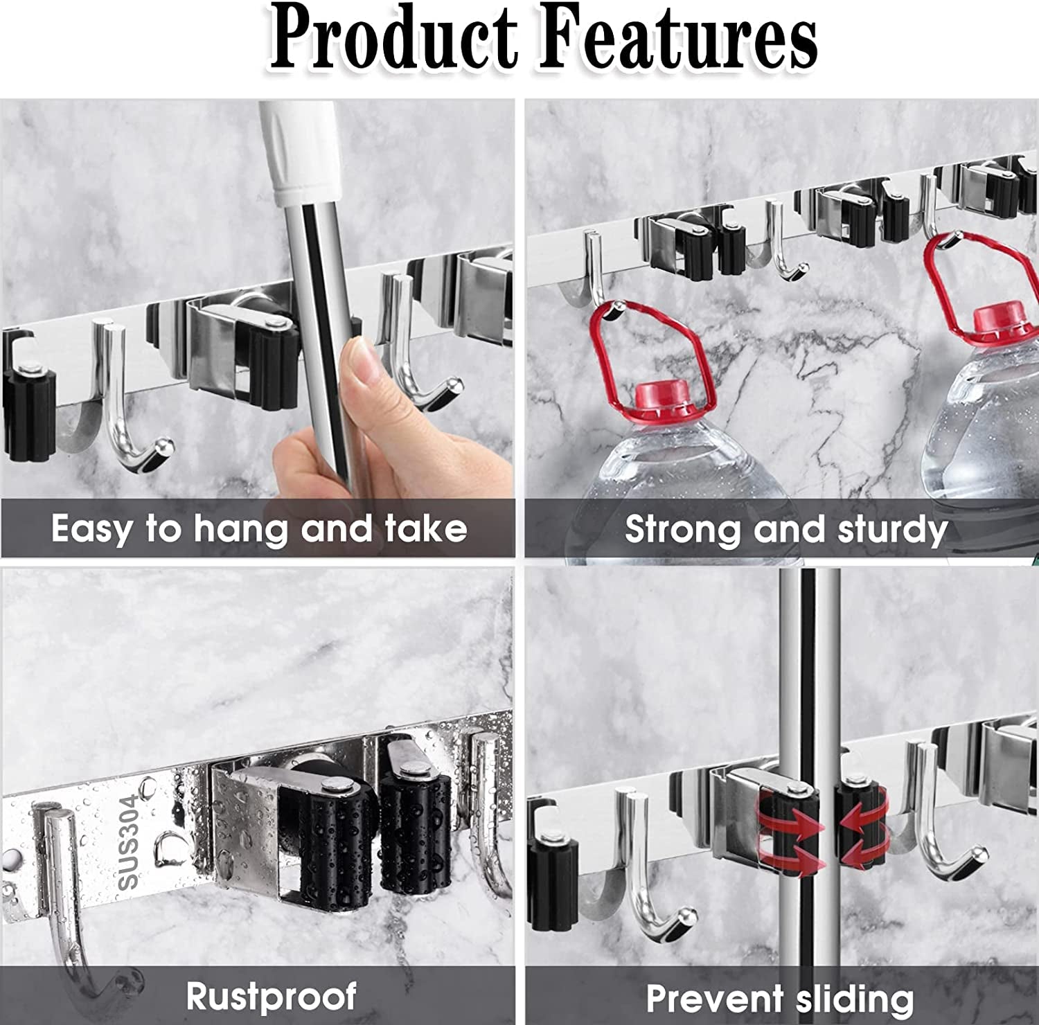 5 Racks and 4 Hooks Mop and Broom Holder Wall Mount, Broom Organizer Storage Tool Racks Stainless Steel Heavy Duty Hooks Self Adhesive Solid Non-Slip for Home Kitchen Garden Laundry Garage