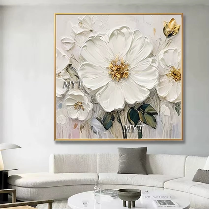 Fancy Home Decor Hot Sale Home Decor Flower Pictures Pieces White Flower Wall Art Oil Paintings Unframed
