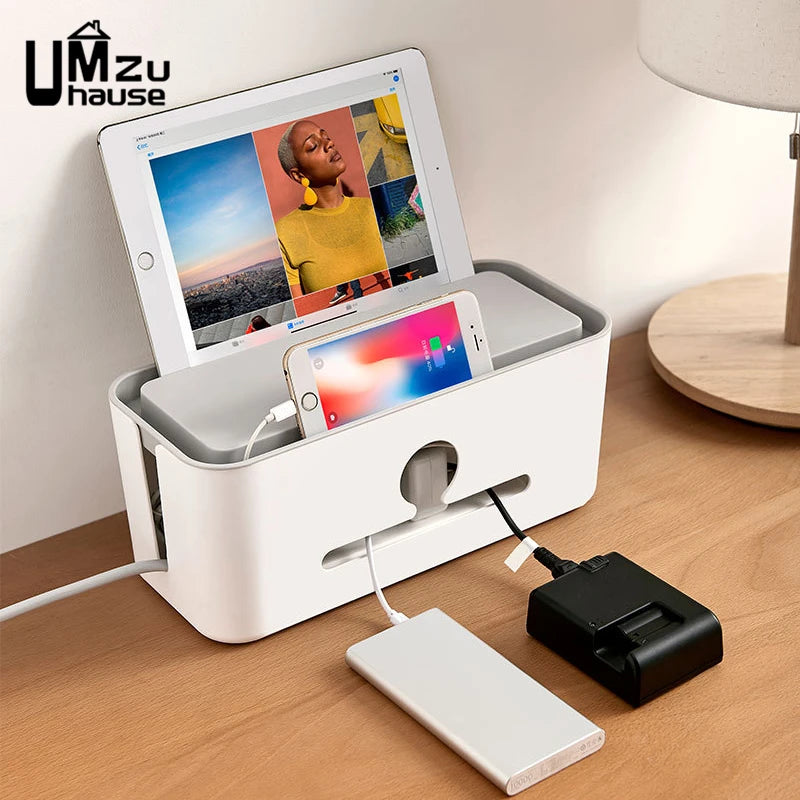 Power Strip Organizer Cable Management Box Multi Socket Desk Bins Hidden Cord Case Home Office Storage with Phone Charging Slot