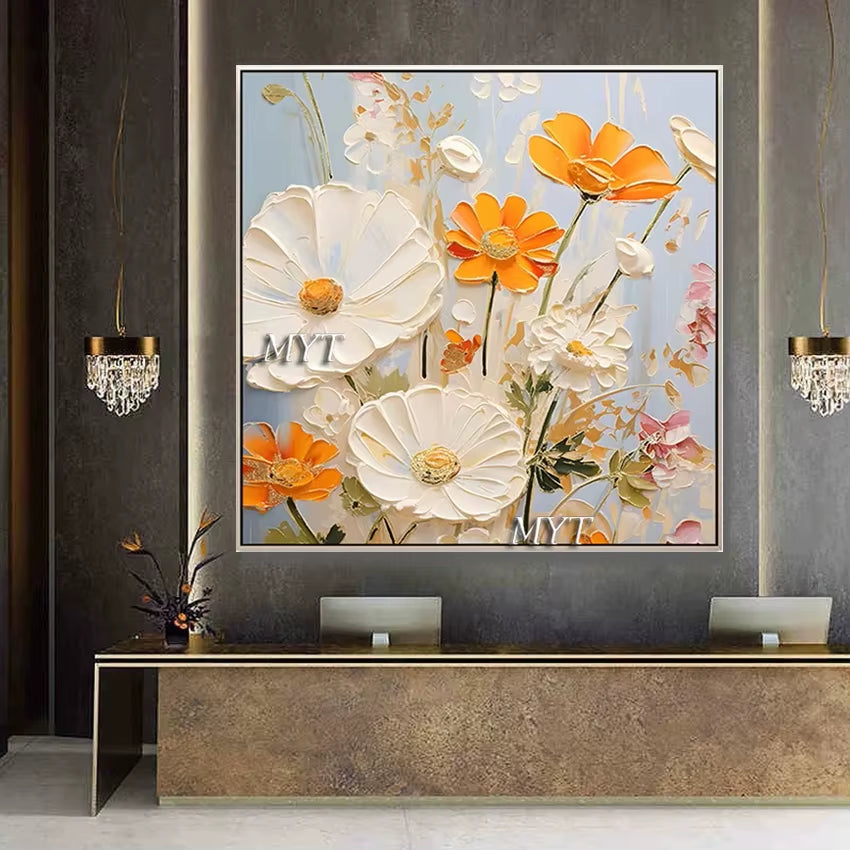Fancy Home Decor Hot Sale Home Decor Flower Pictures Pieces White Flower Wall Art Oil Paintings Unframed