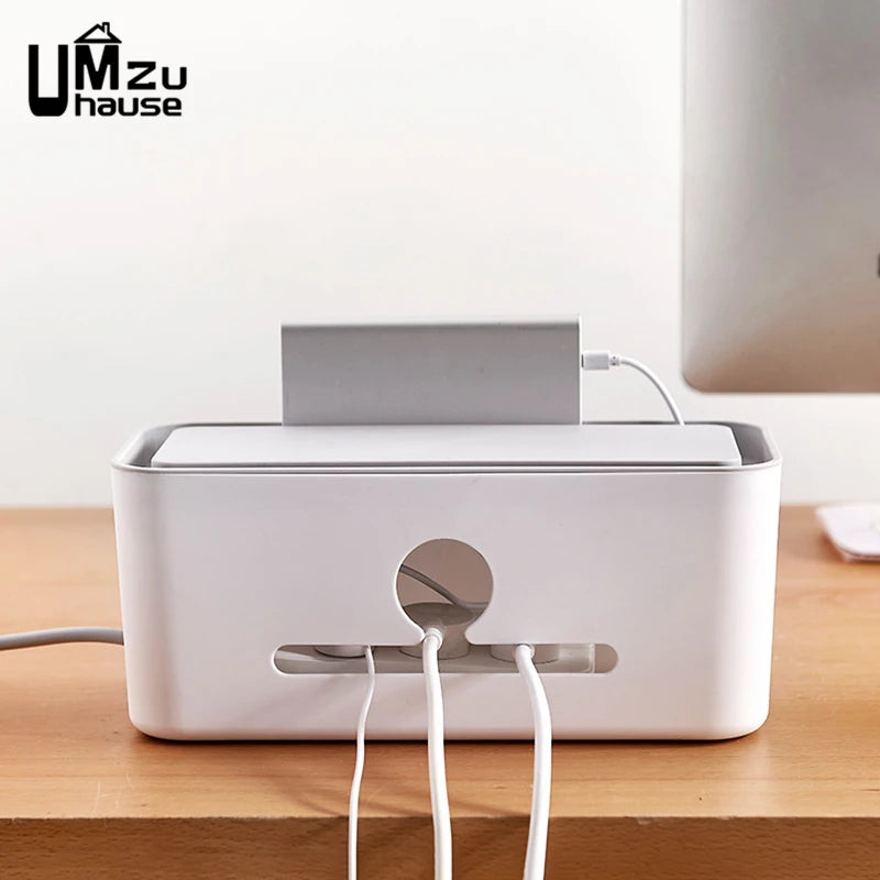Power Strip Organizer Cable Management Box Multi Socket Desk Bins Hidden Cord Case Home Office Storage with Phone Charging Slot