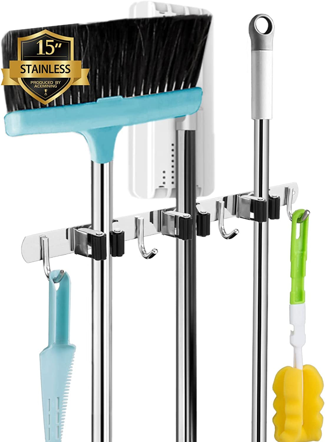 5 Racks and 4 Hooks Mop and Broom Holder Wall Mount, Broom Organizer Storage Tool Racks Stainless Steel Heavy Duty Hooks Self Adhesive Solid Non-Slip for Home Kitchen Garden Laundry Garage