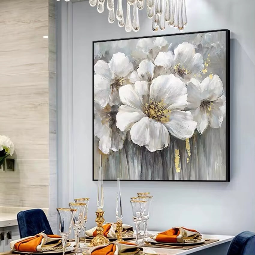Fancy Home Decor Hot Sale Home Decor Flower Pictures Pieces White Flower Wall Art Oil Paintings Unframed