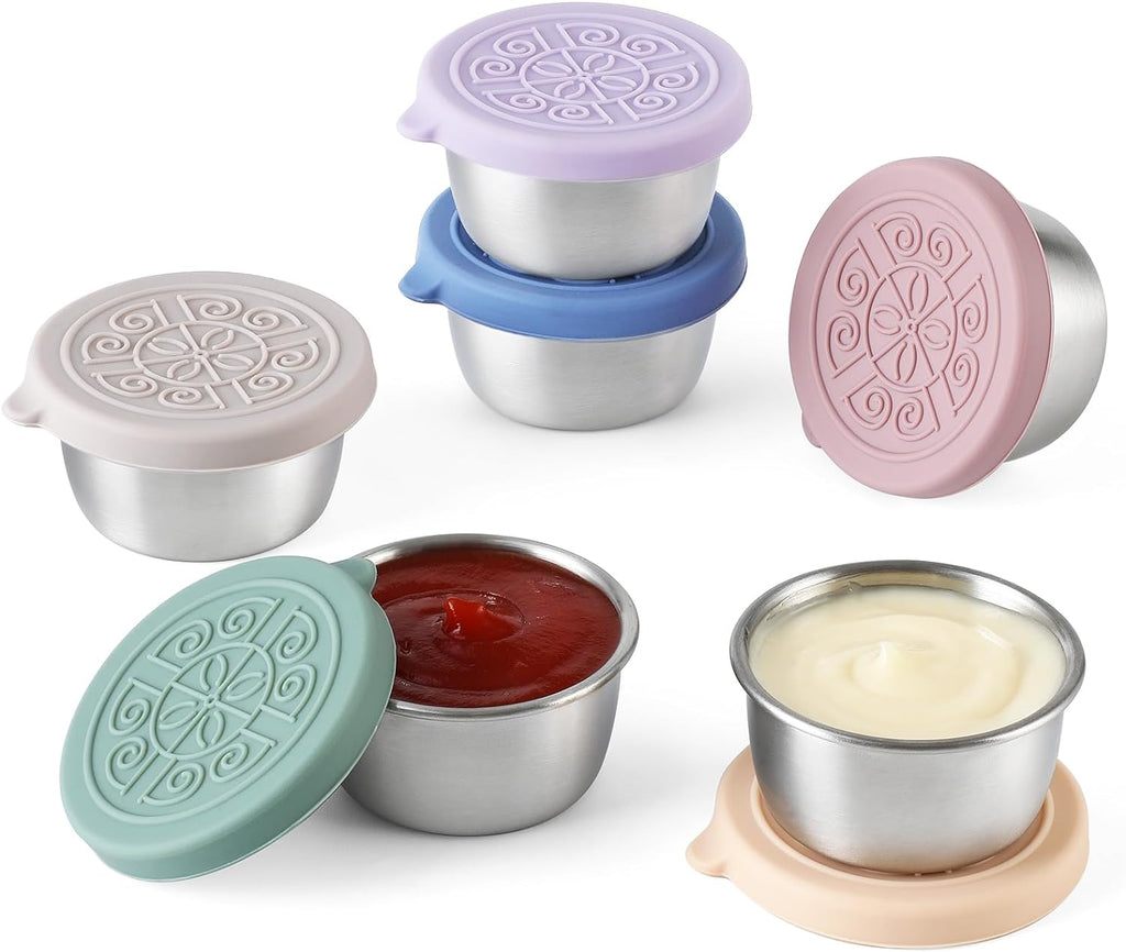 [8 Pack] Salad Dressing Container to Go, 2.4Oz Small Condiment Containers with Leakproof Silicone Lids, Reusable Stainless Steel Sauce Cups for Lunch Bento Box, Picnic and Travel