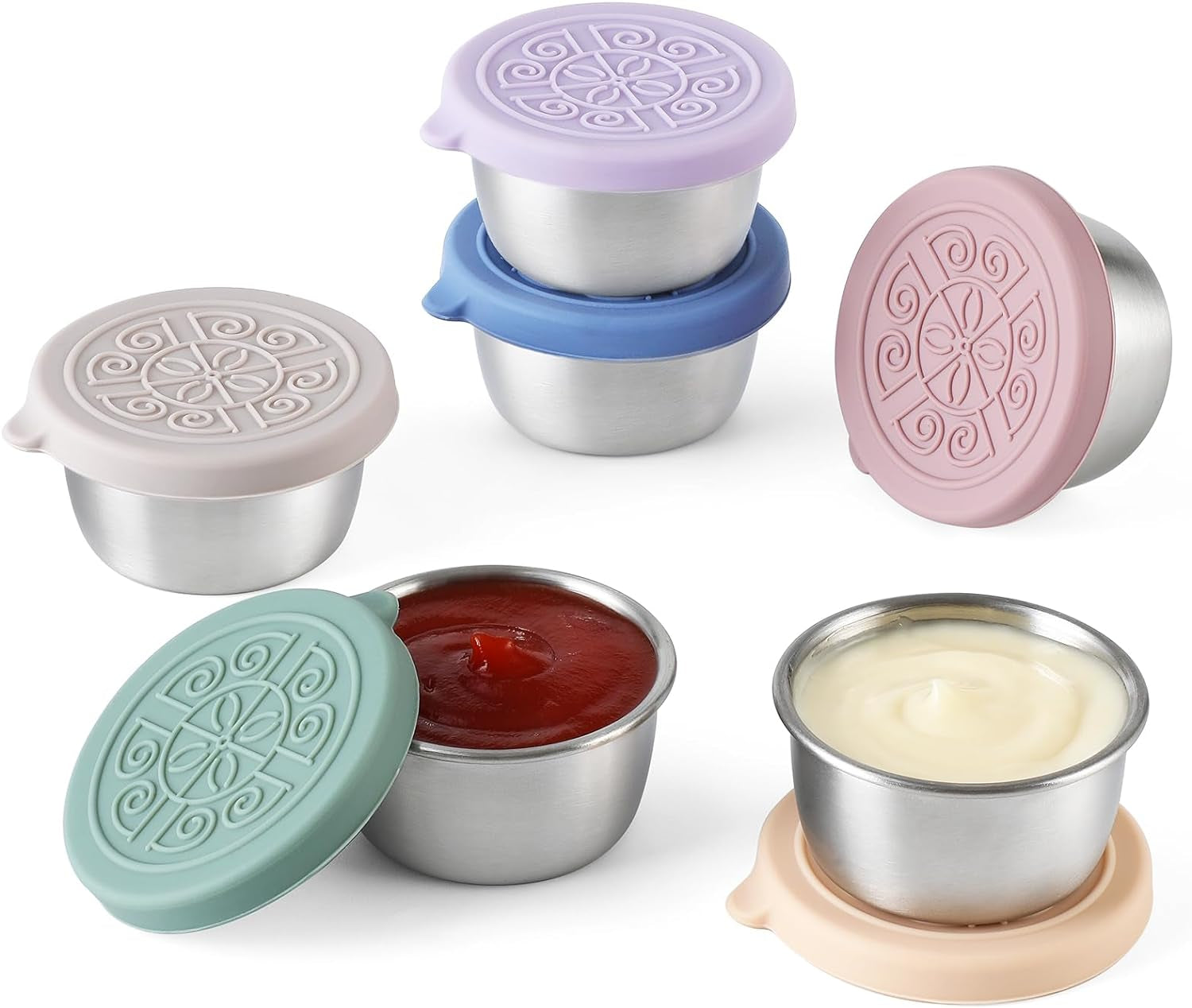 [8 Pack] Salad Dressing Container to Go, 2.4Oz Small Condiment Containers with Leakproof Silicone Lids, Reusable Stainless Steel Sauce Cups for Lunch Bento Box, Picnic and Travel