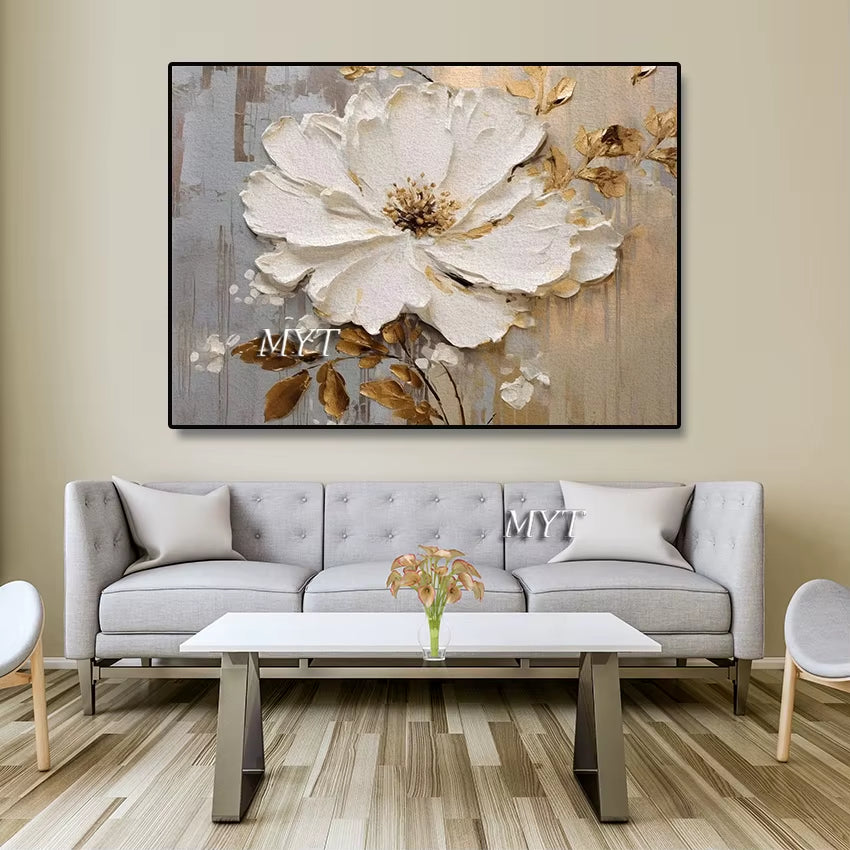 Fancy Home Decor Hot Sale Home Decor Flower Pictures Pieces White Flower Wall Art Oil Paintings Unframed