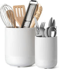 Utensil Holder, Set of 2, 7.3"+5.4" Ceramic Kitchen Utensil Holder for Counter, Large Cooking Utensil Crocks for Kitchen Decor, Morden Utensil Organizer for Spatula, White
