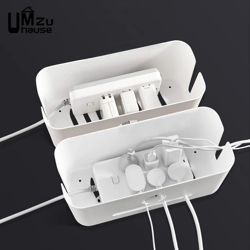 Power Strip Organizer Cable Management Box Multi Socket Desk Bins Hidden Cord Case Home Office Storage with Phone Charging Slot