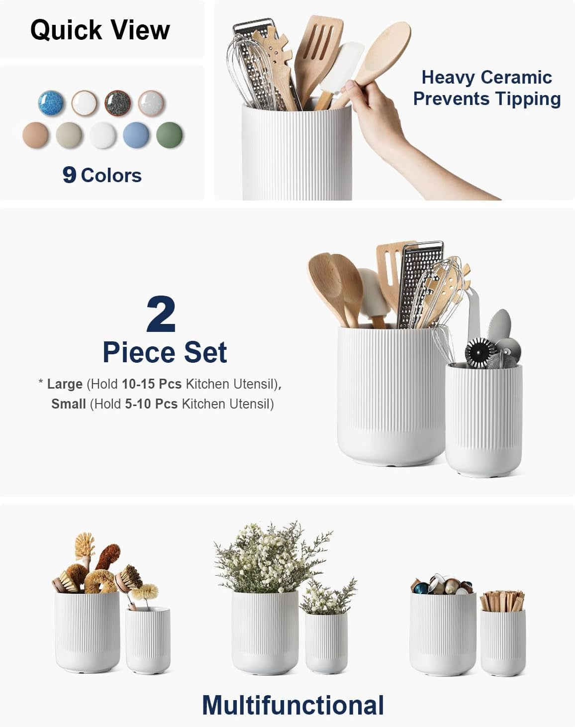 Utensil Holder, Set of 2, 7.3"+5.4" Ceramic Kitchen Utensil Holder for Counter, Large Cooking Utensil Crocks for Kitchen Decor, Morden Utensil Organizer for Spatula, White