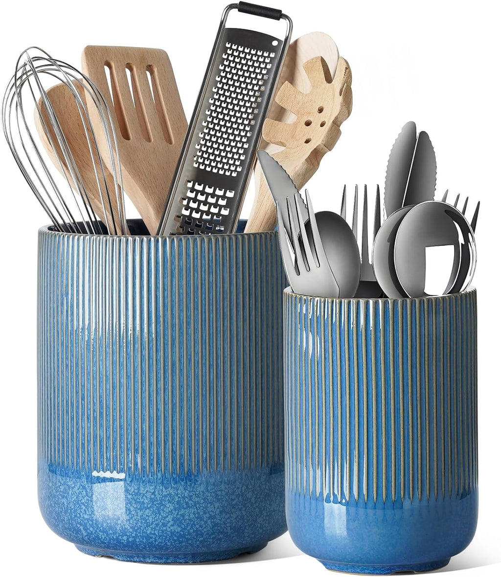 Utensil Holder, Set of 2, 7.3"+5.4" Ceramic Kitchen Utensil Holder for Counter, Large Cooking Utensil Crocks for Kitchen Decor, Morden Utensil Organizer for Spatula, White