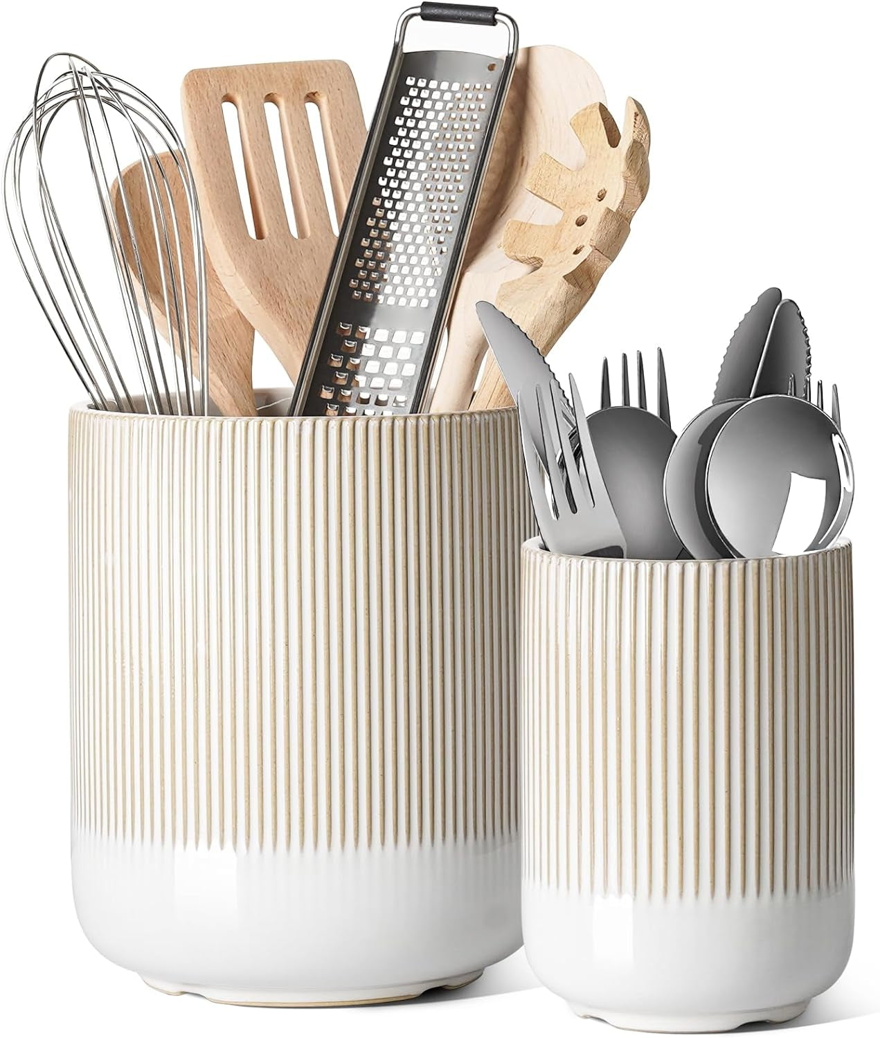 Utensil Holder, Set of 2, 7.3"+5.4" Ceramic Kitchen Utensil Holder for Counter, Large Cooking Utensil Crocks for Kitchen Decor, Morden Utensil Organizer for Spatula, White