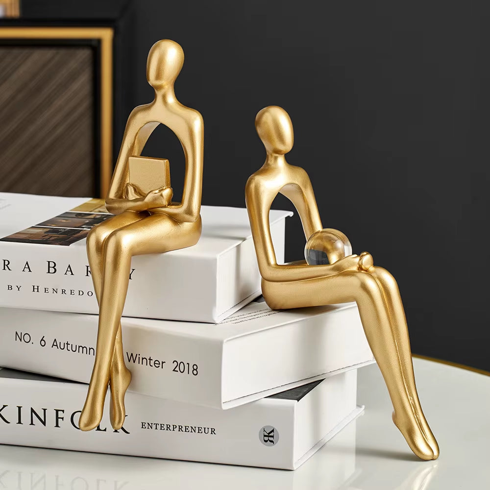 Gold Home Decor Thinker Statues Bookshelf Sculpture Decorations for Living Room Modern Figurines Shelf Table Desk Decor