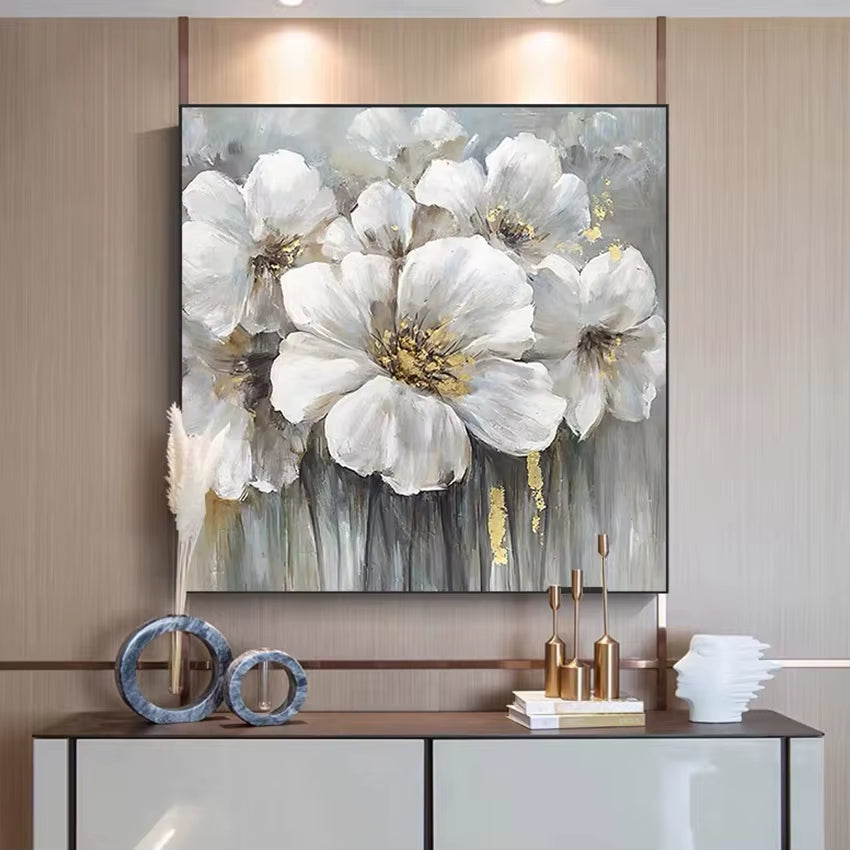 Fancy Home Decor Hot Sale Home Decor Flower Pictures Pieces White Flower Wall Art Oil Paintings Unframed