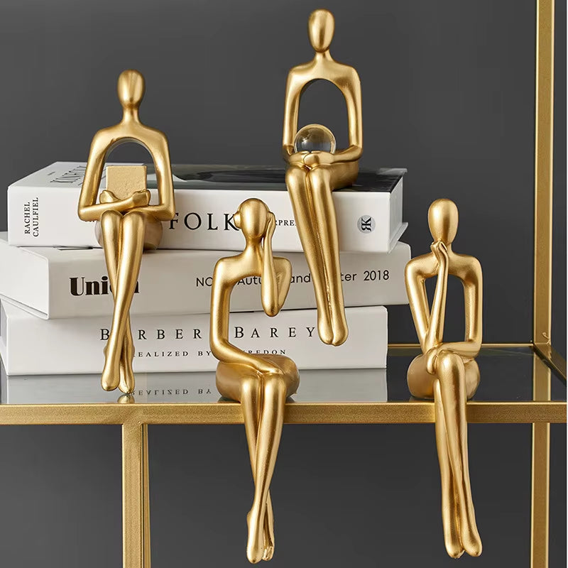 Gold Home Decor Thinker Statues Bookshelf Sculpture Decorations for Living Room Modern Figurines Shelf Table Desk Decor